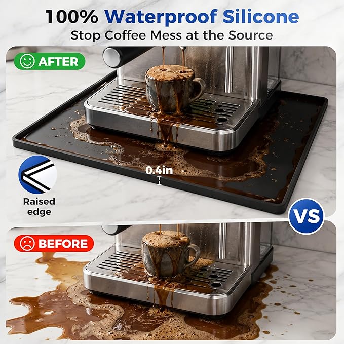 Golener Silicone Coffee Mat - 24" x 16" Coffee Bar Mat for Countertop with Raised Edges, Kitchen Station Pad, Accessories Fit Under Coffee Machine, Waterproof Dish Drying Mat, Heat Resistant, Black