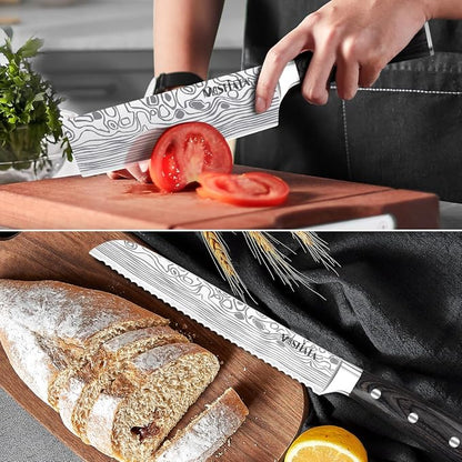 MOSFiATA 5 PCS Chef Knife Set, Kitchen Knife Set with Sharpener Rod | German High Carbon Stainless Steel ， 5PCS Blade Guard，Gift Box