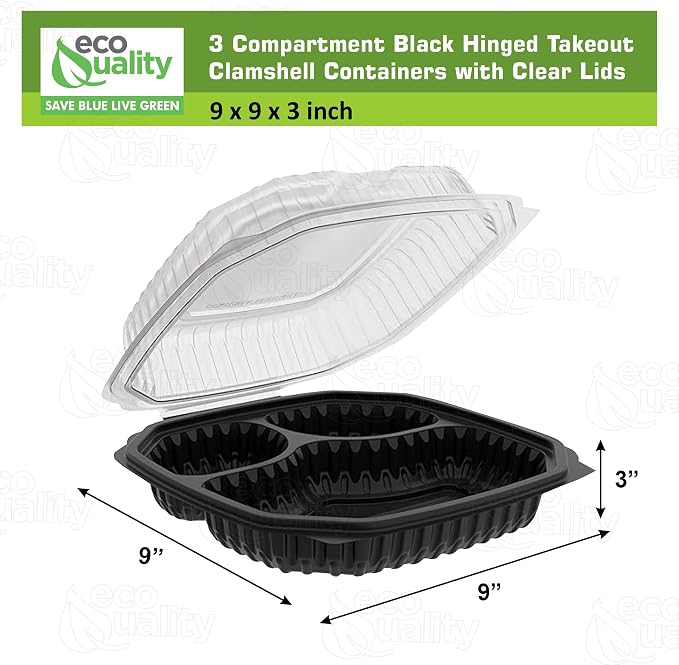 EcoQuality 9x9x3 Inch 3 Compartment Black Hinged Takeout Containers with Clear Lids Food Storage Clamshell for Meal Prep, Restaurant, Catering, and Takeout Packaging (120)