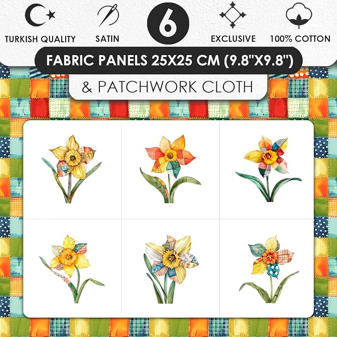 Daffodil Patchwork Cotton Fabric Panel – 6 Designs (10×10 inch Each) + Bonus Patchwork Sheet 29.5×19.6 inch, 100% Cotton 140 GSM