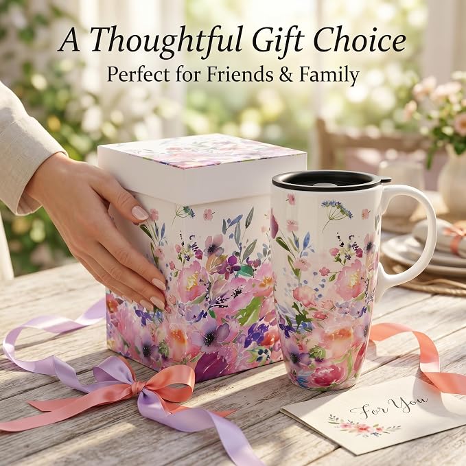 Topadorn 17oz Ceramic Travel Mug with Lid and Handle, Watercolor Floral Coffee Cup, Microwave & Dishwasher Safe, Reusable Tea Mug in Gift Box