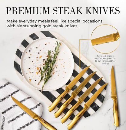 Styled Settings Gold Knife Set with Block & Built-In Sharpener – 14-Piece Full Tang Kitchen Knives Set – Gold Knives Set with Self-Sharpening Block, Titanium Knife Set with Black Block