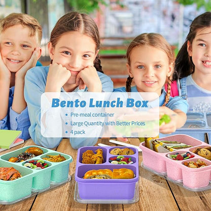 Bento Box 4-Pack 5-Compartment Meal Prep Containers, BPA-Free Plastic, Stackable Food Storage Lunch Boxes for Adults and Kids, School Work Travel (4 Colors)