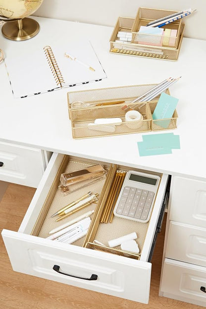 Annova Mesh Stackable Drawer Cabinet and Shelf Organizer Bins Storage Basket School Office Supply Holder Tray- Set of 2 (Gold, 3x12x2 Inch)