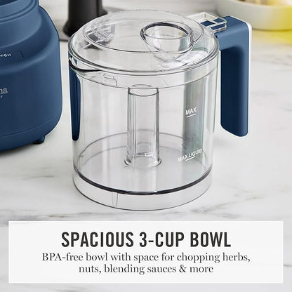 Martha Stewart 3 Cup Electric Food Chopper, Vegetable & Herb Mini Food Processor, 24oz BPA-Free Bowl, Stainless Steel Blades, Pour Spout, Dicing, Mincing, Chop & Puree, Dishwasher Safe, Indigo Blue