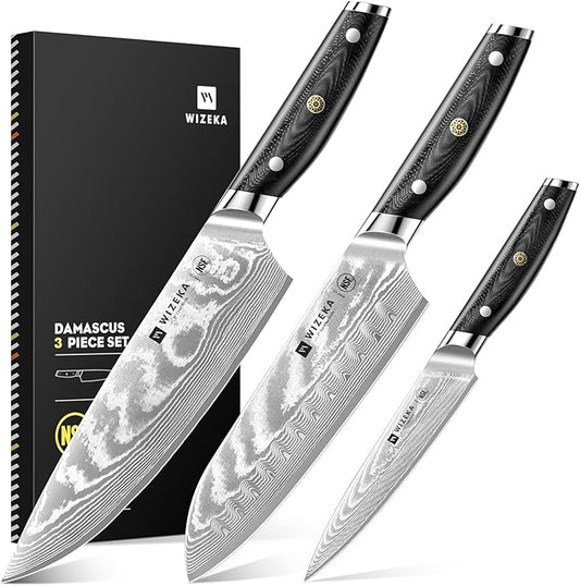 WIZEKA Damascus Chef Knife Set: 3 PCS,Super Sharp Kitchen Knives: Made of Japanese Steel VG10: Full Tang Professional Chef Knife Set With G10 Ergonomic Handle, Fathers day