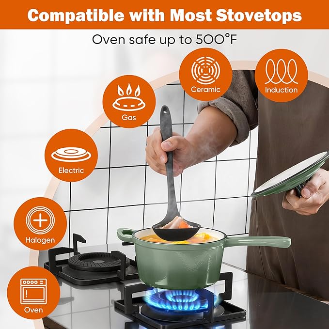 Homikit 1 Quart Saucepan with Lid, Enameled Cast Iron Small Sauce Pan Cooking Pot for Soup, Milk, Pasta, Nonstick Enamel Dutch Oven for All Cooktops, Heat Resistant Up to 500°F, Sage Green