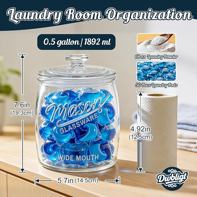 Half Gallon Cookie Jar, Glass Flour Sugar Storage Container for Kitchen Pantry & Laundry Room,Wide Mouth Mason Jar for Sourdough Starter, Candy, Flour, Dog Treats, Coffee - Set of 1