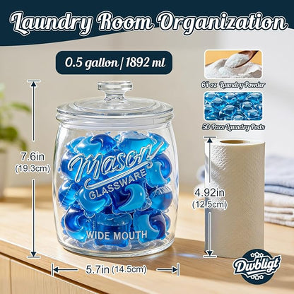 Half Gallon Cookie Jar, Glass Flour Sugar Storage Container for Kitchen Pantry & Laundry Room,Wide Mouth Mason Jar for Sourdough Starter, Candy, Flour, Dog Treats, Coffee - Set of 1