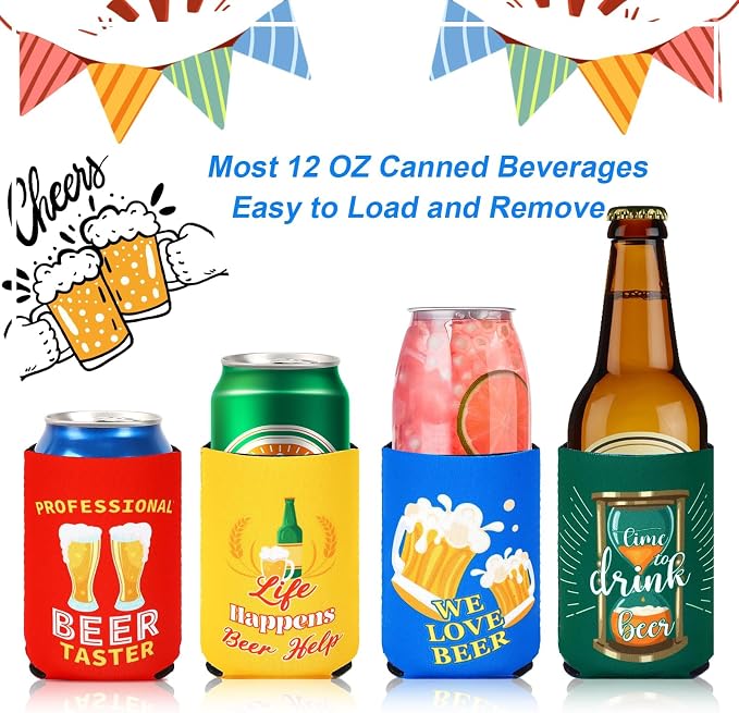 18 Pack Beer Can Cooler Sleeves Beer Can Bottle Cooler Collapsible for Holiday Father's Day Beach Themed Party Cans Bottles Decorations Office Bar Supplies Favors
