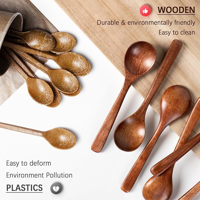 7 PCS Wooden Spoons for Eating, 7 inch Wooden Honey Spoons for Tea, Wood Teaspoons for Stirring Coffee, Hard Wood Table Spoon for Cooking, Small Serving Spoon for Soup, Desserts & Cereal