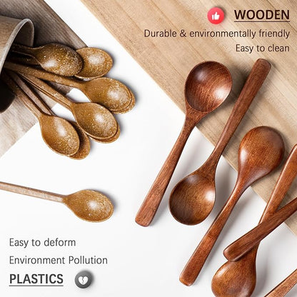 7 PCS Wooden Spoons for Eating, 7 inch Wooden Honey Spoons for Tea, Wood Teaspoons for Stirring Coffee, Hard Wood Table Spoon for Cooking, Small Serving Spoon for Soup, Desserts & Cereal