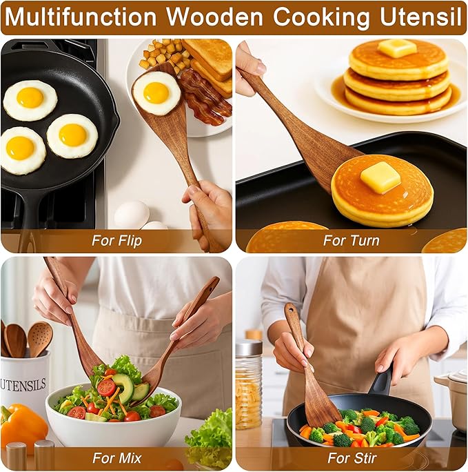 Jilla-hla Wooden Spatula Nonstick Turner Acacia Wood, Right Long Handle Flat Frying Spatulas Handmade for Mother Wife Grandma Her Kitchen Gift, Ideal Cookware Utensils for Cooking Eggs, Fish, Pancakes