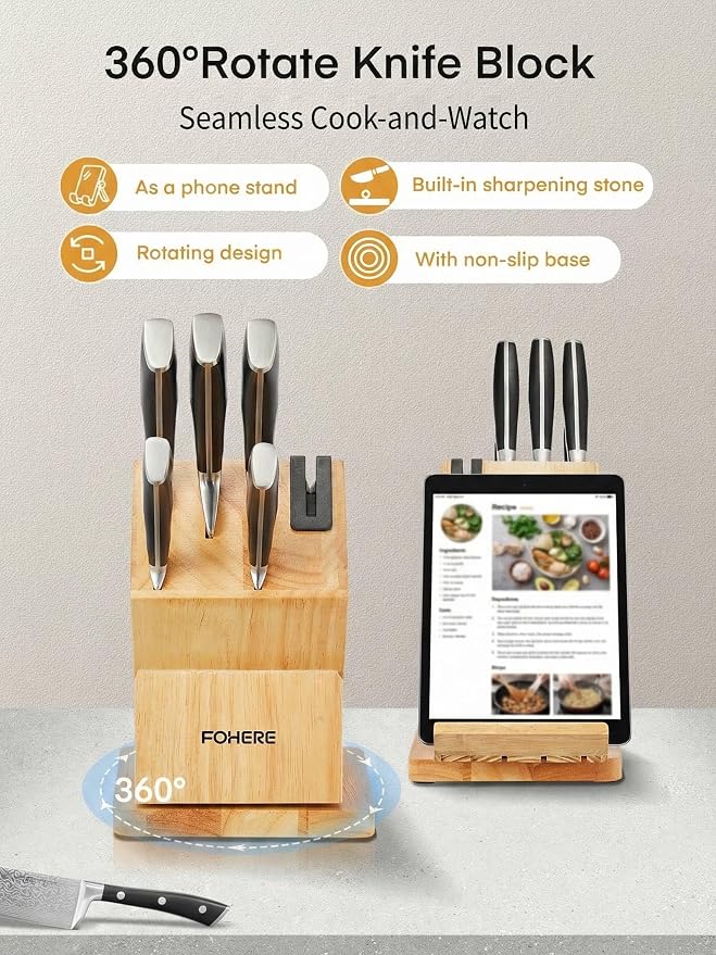 Knife Set with Block, 7-Piece German Stainless Steel Knife Set for Kitchen, Rotating Design with Built-in Sharpener & Phone Stand for Watching Recipes While Cooking, Gift