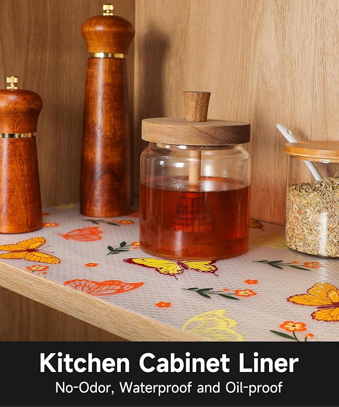 Shelf Liner for Kitchen Cabinets - Non-Adhesive Waterproof and Oil-Proof Drawer Liner, Reusable Protector for Dresser, Wire Shelf, Cupboards(Colorful Butterfly, 17.7" W x 360" L)