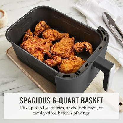 Martha Stewart 6QT Air Fryer, 6-in-1, Bake, Broil, Roast, Air Fry, Dehydrate, Reheat, Ceramic Non-Stick Basket, Crispy Results Fast, 400°F Max Temp, Shake Reminder, Caviar Gray