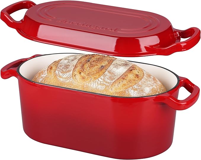 VORRINGARD Oval Dutch Oven Pot with Lid, Enamel Coating Cast Iron Bread Pans for Homemade Sourdough Bread Baking, Cooking, 4 Quart, Red