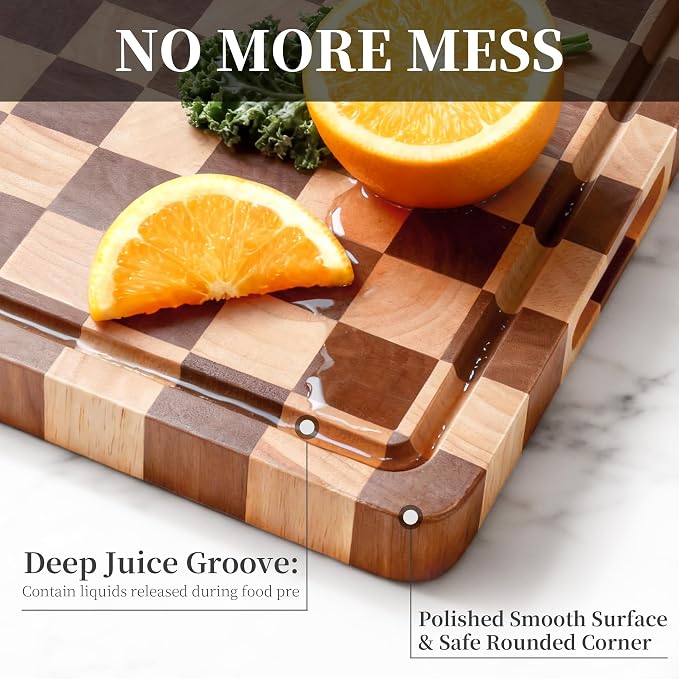 WILLKOMMEN Checkered Cutting Board for Kitchen– Wood Checkerboard End Grain Chopping Board 1" Thick Butcher Block with Juice Groove & Handle, Reversible for Cooking and Serving (Rectangular)