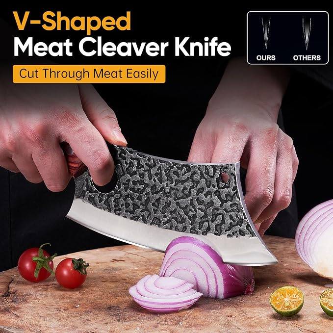 KITNATS Butcher Knife Set, 3PCS Hand Forged Meat Cleaver, Serbian Chef Knife & Viking Boning Knife for Meat Cutting, Outdoor BBQ, Camping, Kitchen Cooking, Gift for Men