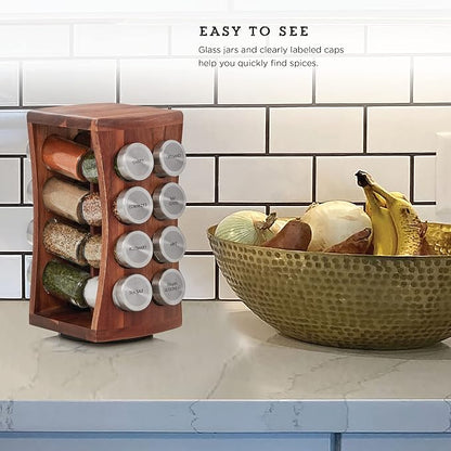 Kamenstein 16 Jar Hourglass Revolving Countertop Spice Rack with Spices Included, FREE Spice Refills for 5 years, Acacia with Stainless Steel Caps