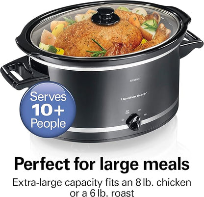 Hamilton Beach Slow Cooker with 3 Cooking Settings, Dishwasher-Safe Stoneware Crock & Glass, 8-Quart Built-In Lid Rest, Black