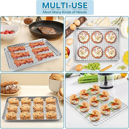 TeamFar Baking Tray with Rack, 12.3 x 9.7 x 1 Inch Stainless Steel Toaster Oven Baking Pan with Grid Rack for Baking Roasting Cooling, Healthy & Heavy-Duty, Oven & Dishwasher Safe, 2pcs