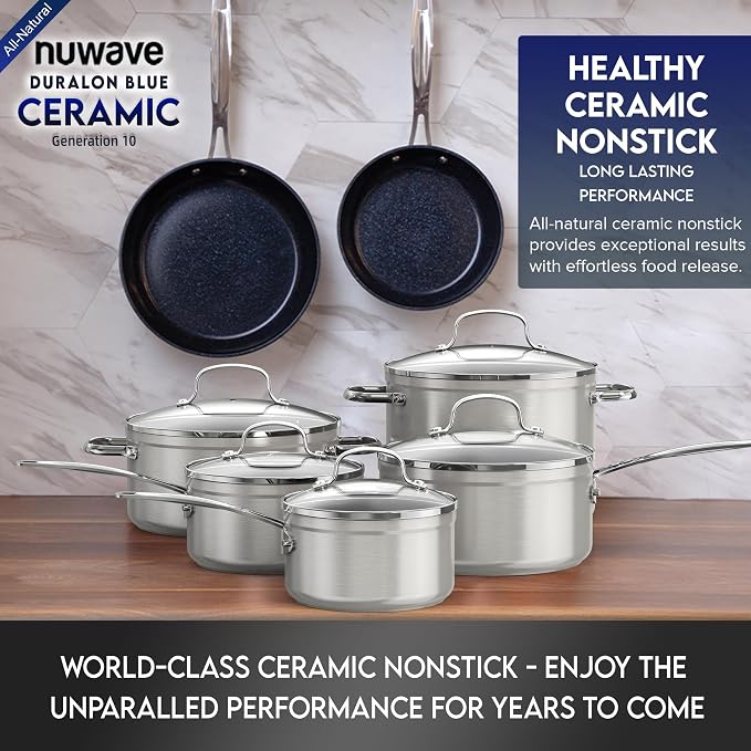 Nuwave Healthy Duralon Blue Ceramic Nonstick Cookware Set, Diamond Infused Scratch-Resistant, PFAS Free, Dishwasher & Oven Safe, Induction Ready & Evenly Heats, Tempered Glass Lids & Stay-Cool Handles