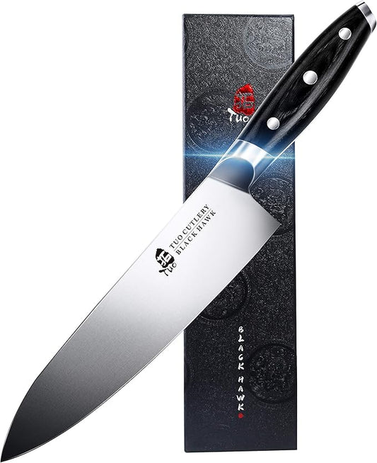 TUO Chef Knife -Professional Kitchen Chefs Knife Cooking Knife Gyuto Knives 8 Inch,Razor Sharp German HC Steel Japanese Chef Knife with Ergonomic Pakkawood Handle - BLACK HAWK SERIES in Gift Box