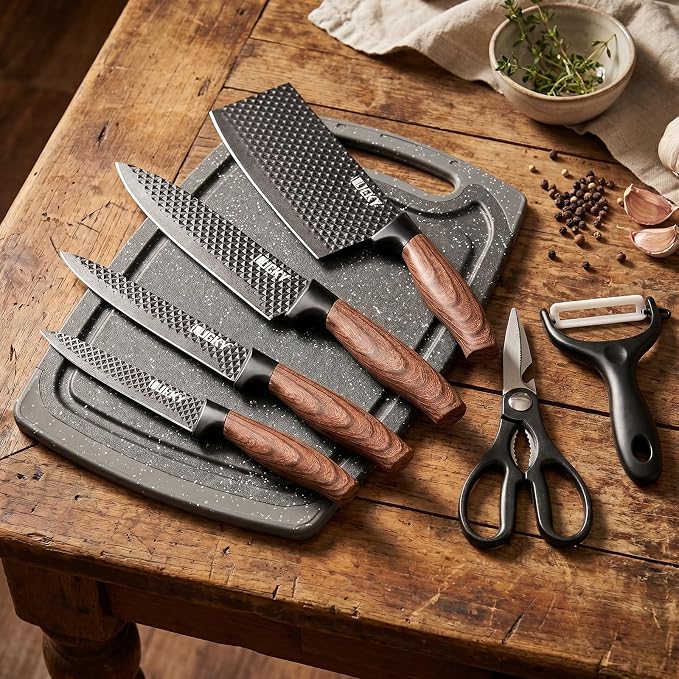 Knife Set, 7 Pieces Kitchen knife Set with Healthy Anti-Rust Coating, Stainless Steel Professional Chef Knife Sets with Elegant Box, Kitchen Knives with Scissors & Peeler & Cutting Board for Cooking