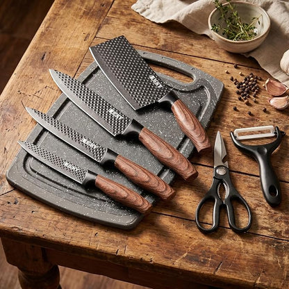 Knife Set, 7 Pieces Kitchen knife Set with Healthy Anti-Rust Coating, Stainless Steel Professional Chef Knife Sets with Elegant Box, Kitchen Knives with Scissors & Peeler & Cutting Board for Cooking