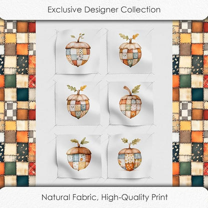 Patchwork Acorn Cotton Fabric Panel – 6 Designs (10×10 inch Each) + Bonus Sheet 29.5×19.6 inch, 100% Cotton 140 GSM, Made in Türkiye