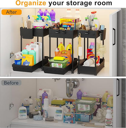 Sevenblue 3 Pack Under Sink Organizers,2-Tier Multi-Use Kitchen and Bathroom Organizers and Storage with Sliding Drawers,Bathroom Cabinet Organizer (Black, 14.8 Inch)