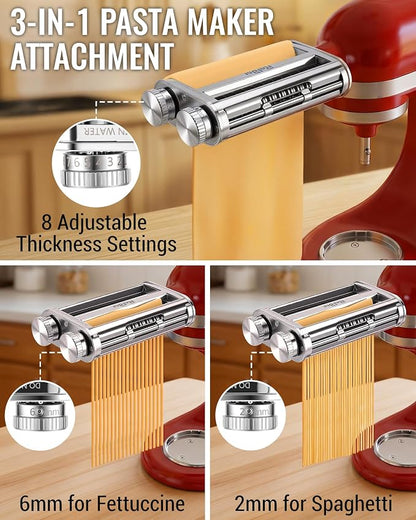 Pasta Maker Attachment for KitchenAid Stand Mixers, 3-in-1 Pasta Roller & Cutter Set with Spaghetti and Fettuccine Cutter Blades, Adjustable 8 Thickness Settings, Durable Metal Construction
