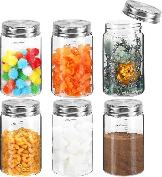 8 oz Small Glass Coffee Jars Spice Jar Round Storage Canister with Wooden Lid Clear Glass Food Jar for Pantry Sugar Tea Coffee Bean Spice Nuts Cookies Bath Salts (8oz/250ml-6pcs-B)
