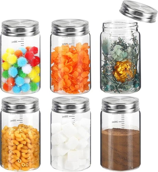 8 oz Small Glass Coffee Jars Spice Jar Round Storage Canister with Wooden Lid Clear Glass Food Jar for Pantry Sugar Tea Coffee Bean Spice Nuts Cookies Bath Salts (8oz/250ml-6pcs-B)