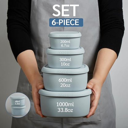 ISSEVE 6Pcs/Set Nesting Silicone Food Storage Containers with Lids, BPA Free Reusable Meal Prep Silicone Containers Lunch Box Bento Box Set (33.8oz, 20oz, 10oz, 6.7oz, 1.3oz) (Grey)