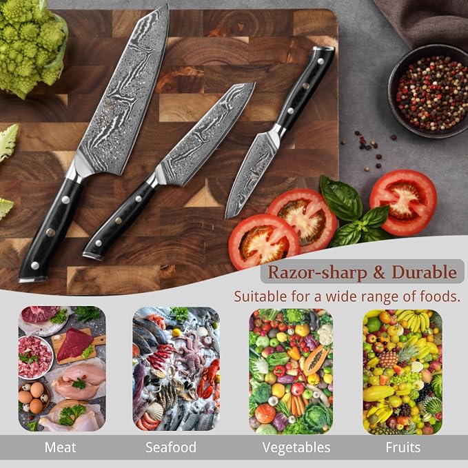 Wakoli Nitoko 3-Piece Kiritsuke Knife Set – Professional Damascus Kitchen Knives | 67-Layer VG10 Core Steel | Ergonomic G10 Handles | Japanese-Style Chef Knife Set in Wooden Gift Box