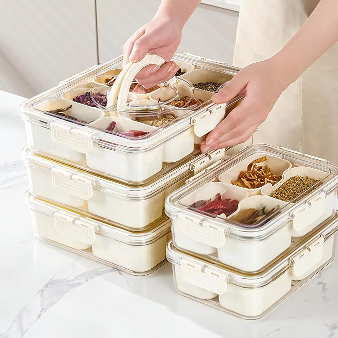 2Pack Snackle Box with Handle for Food Serving Tray Snack Platter with Lids Stackable Fruit&Veggie Container with 8 Small Removable Boxes for Snack Charcuterie Candy Nuts Spice