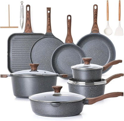 SENSARTE 23 PCS Nonstick Granite Cookware Set, Non Toxic Pots and Pans, PFOA & PFOS Free, Healthy Granite Stone Coating, Induction Compatible, Stay-Cool Handles, Gray