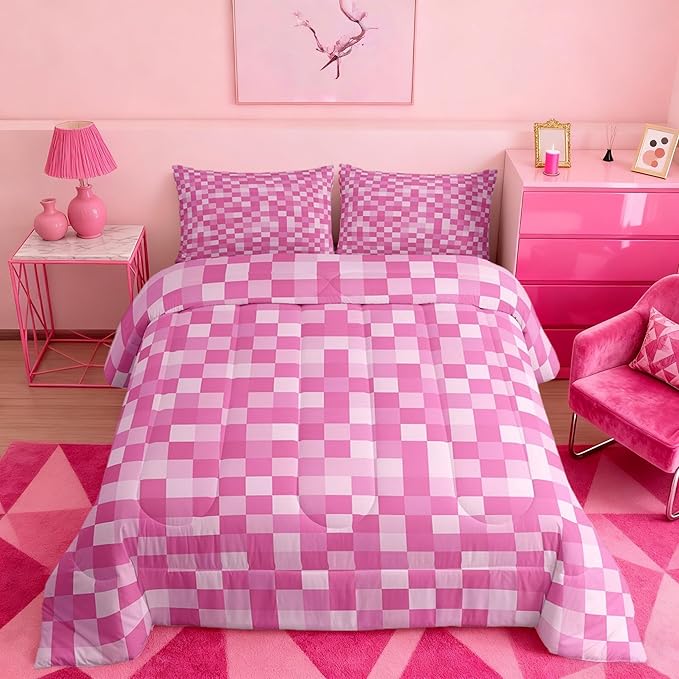 Manfei Pixelated Style Bedding Set King Size,Geometric Square Grid Comforter Set with 2 Pillowcases,Video Games Miners Bed Quilt,Pink Quilt Sets Home Decor,Women Men Birthday Gift