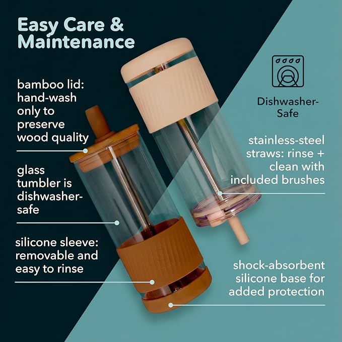 Pandaloo® Glass Cups With Lids and Straws -20 Fl Oz- Perfect Size Iced Coffee Cup - Smoothie Cup With Bamboo Lid and On the go Lid - (2 Count (Pack of 1), Black Saphir-Mediterranean Olive)