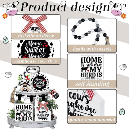 Yulejo 6 Pcs Farmhouse Tiered Tray Decor Bundle - Rustic Farmhouse Mini Rolling Pins & Beaded Garland - Home Kitchen Shelf (Cow Style)
