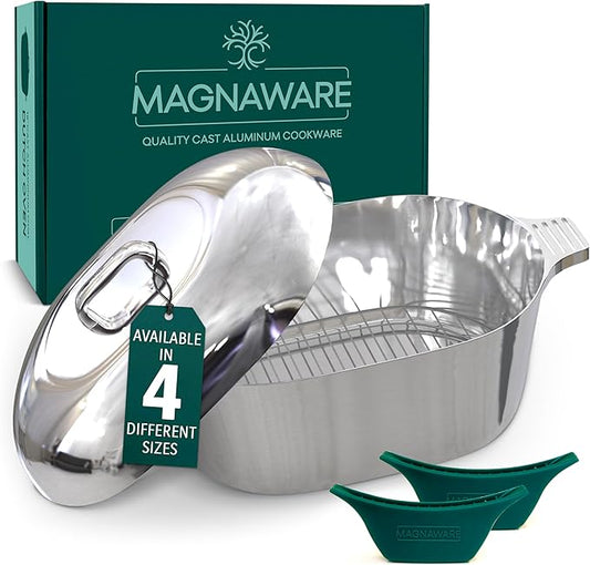 MAGNAWARE Cast Aluminum Oval Dutch Oven with Lid — 12.6 QT Heavy Duty Roaster Pan with Rack & Silicone Cover Dual Handles — Cajun Cookware for Roasting, Baking, Cooking (18" X-Large)