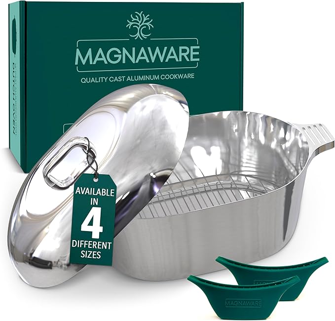 MAGNAWARE Cast Aluminum Oval Dutch Oven with Lid - 10 QT Heavy Duty & Lightweight Roaster Pan with Rack & Silicone Cover Dual Handles — Cajun Cookware for Roasting, Baking, Cooking (15" - Large)