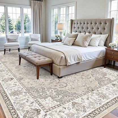 10x14 Washable Vintage Area Rug - Large Rugs for Living Room Soft Stain Resistant Carpet with Non-Slip Backing Low Pile Water Resistant Rug for King Size Bed Pet Friendly Home Decor Mat(10x14 Beige)