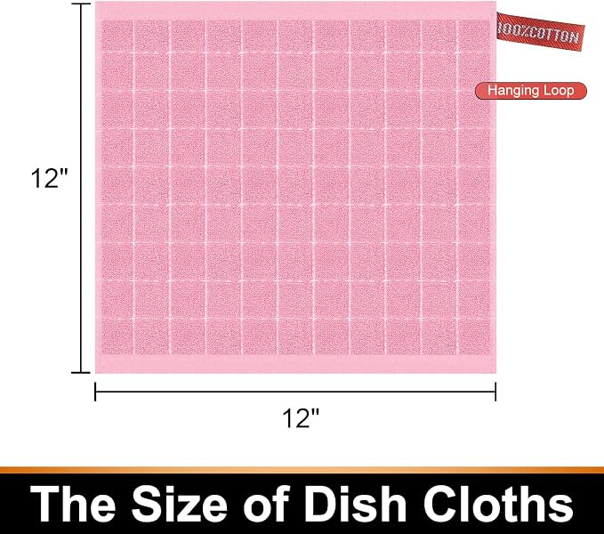 Mordimy 100% Cotton Terry Cloth Dish Cloths, Soft and Absorbent Checkered Dish Towels, Quick Drying Dish Rags for Washing Dishes, 12 Pack, 12 x 12 Inches, Pink