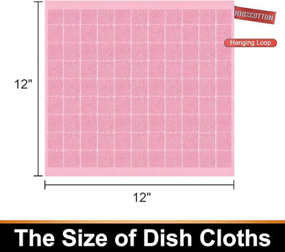 Mordimy 100% Cotton Terry Cloth Dish Cloths, Soft and Absorbent Checkered Dish Towels, Quick Drying Dish Rags for Washing Dishes, 12 Pack, 12 x 12 Inches, Pink