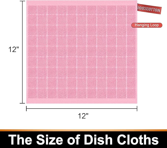 Mordimy 100% Cotton Terrycloth Kitchen Towels and Dishcloths Sets, Soft and Absorbent Checkered Dish Towels, Quick Drying Dish Rags for Washing Dishes, 4 Pack 16" x 26" & 4 Pack 12" x 12", Pink