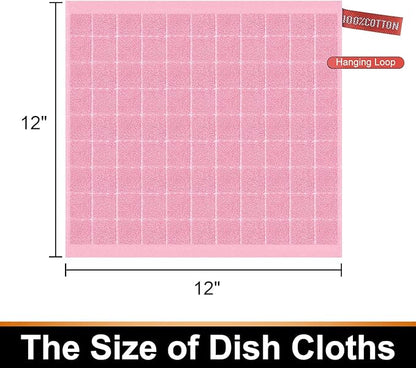 Mordimy 100% Cotton Terrycloth Kitchen Towels and Dishcloths Sets, Soft and Absorbent Checkered Dish Towels, Quick Drying Dish Rags for Washing Dishes, 4 Pack 16" x 26" & 4 Pack 12" x 12", Pink