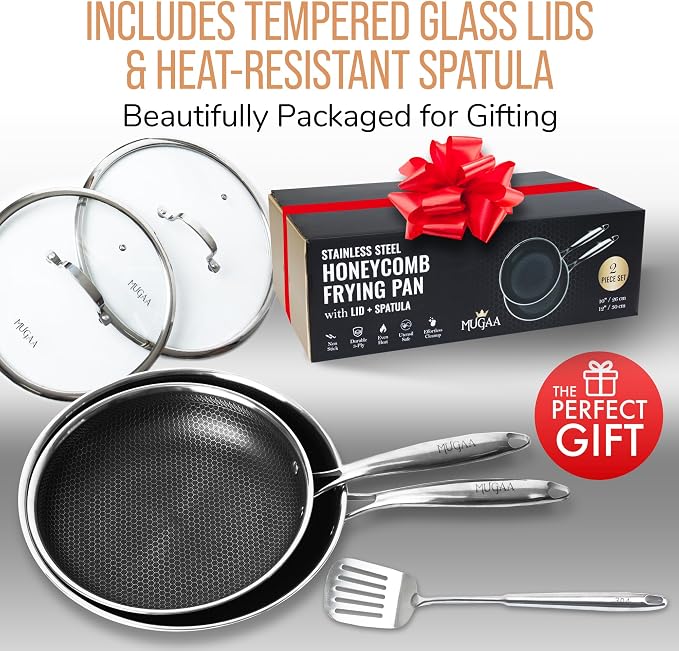 Honeycomb Stainless Steel Nonstick Frying Pan Set - with Lids and Spatula - 10 12 Inch Hybrid Pan - Induction Compatible - PFOA-Free - Oven Safe - Dishwasher Safe Skillet